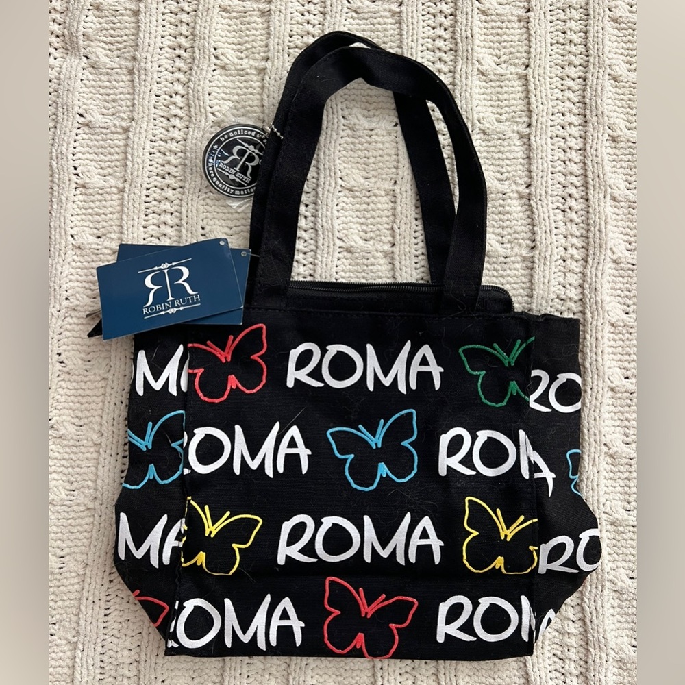 NWT Robin Ruth “ROMA” tote with butterfly print, black with multi color